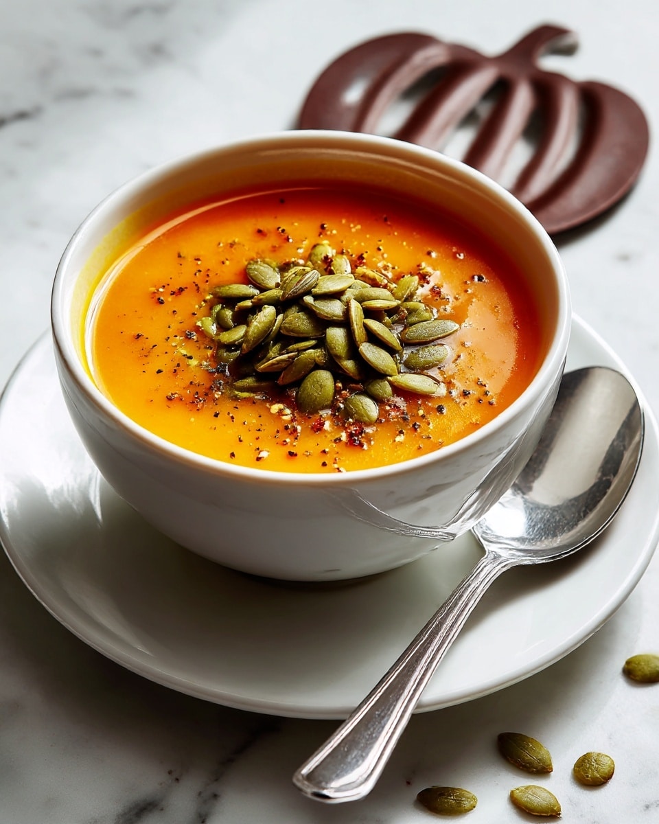 A white bowl filled with bright orange soup, smooth in texture, sits on a white plate with a few pumpkin seeds sprinkled in the middle with ground black pepper on top. The bowl has some soup drips on the rim. A silver spoon lies beside the bowl on the plate, with a few pumpkin seeds scattered on the white marbled surface around it. The photo taken with an iphone --ar 4:5 --v 7