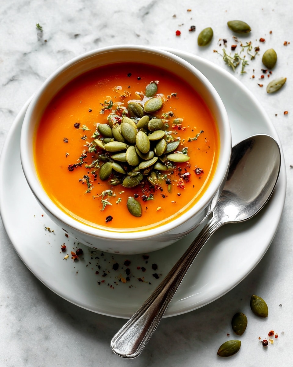 A white bowl filled with smooth, bright orange soup is placed on a white plate, with a silver spoon resting beside it on the plate. The soup is garnished with a small pile of light green pumpkin seeds in the center and a sprinkle of black pepper. There are a few pumpkin seeds and black pepper flakes scattered on the white marbled surface around the plate. The photo has soft, natural lighting and a clean, fresh look. photo taken with an iphone --ar 4:5 --v 7