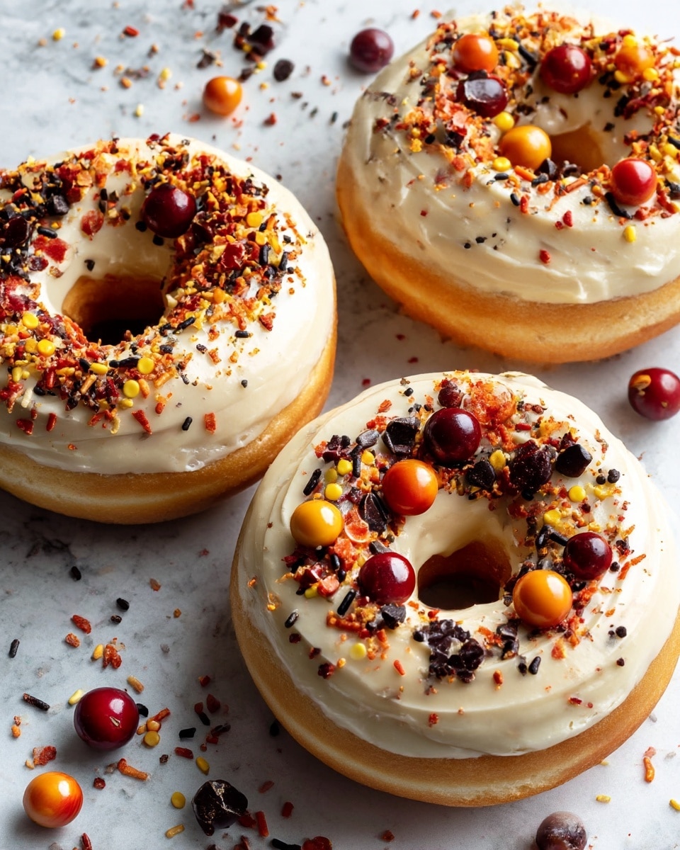 Two soft donuts sit stacked slightly behind each other on a white marbled surface. Each donut has one thick, creamy layer of light beige frosting that looks smooth and a bit fluffy. The frosting is covered with a mix of colorful sprinkles in red, yellow, orange, black, and brown shades, scattered evenly over the top. The donuts are golden brown with a slightly textured, moist surface visible under the frosting. Some sprinkles have fallen onto the white marbled surface around the donuts. photo taken with an iphone --ar 4:5 --v 7