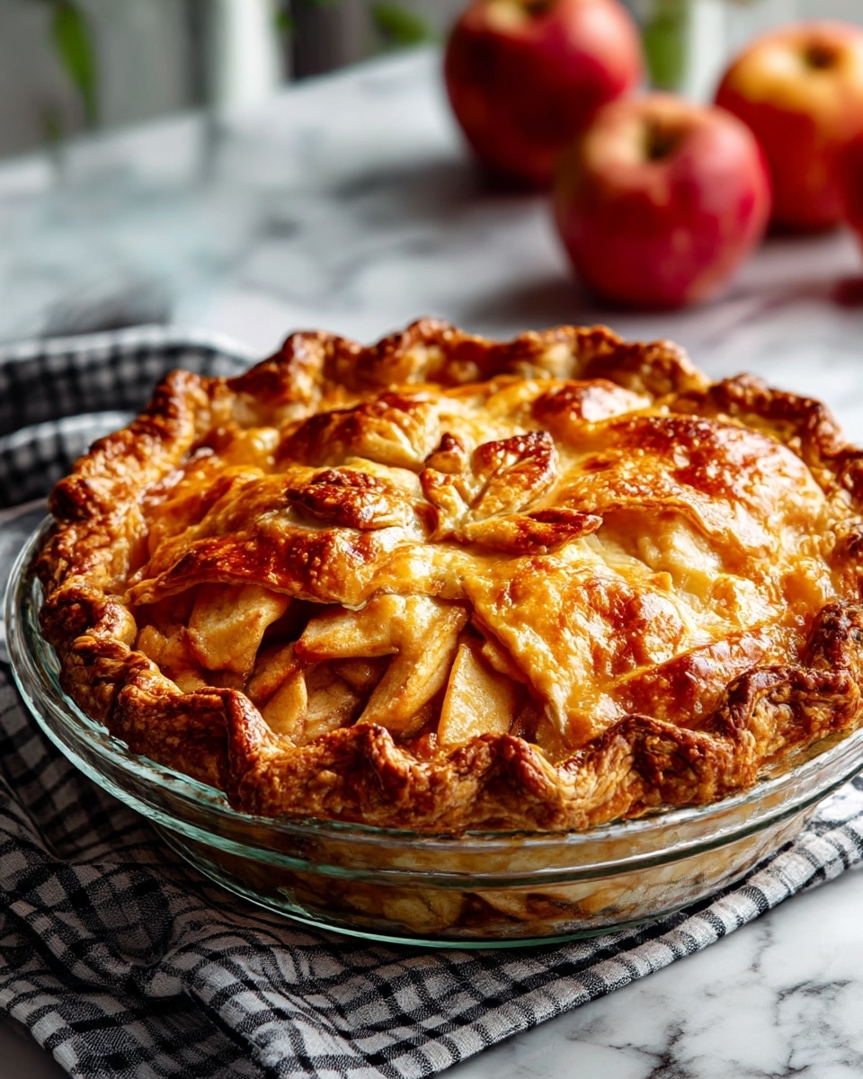 A golden brown apple pie with a slightly cracked top crust that has a folded edge all around, baked in a clear glass pie dish. The crust is thick and flaky with a rough texture, and there are small decorative leaf shapes cut from dough placed on the top center. The pie rests on a checked black and white cloth on a white marbled surface. In the background, there are blurry red apples. Photo taken with an iphone --ar 4:5 --v 7