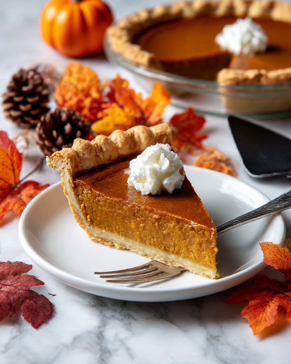 Two white plates each hold a single slice of pumpkin pie. Each slice has a smooth, deep orange filling layer sitting on top of a light golden-brown flaky crust with a ridged edge. One plate has a silver fork placed beside the pie slice, and the other also has a silver fork next to the pie. The plates are set on a white marbled surface. Near the top left, there is a small pumpkin, two pine cones, and some autumn leaves. A black pie server is placed above the plates. Part of a whole pumpkin pie in a glass pie dish is visible in the top right corner. Photo taken with an iphone --ar 4:5 --v 7