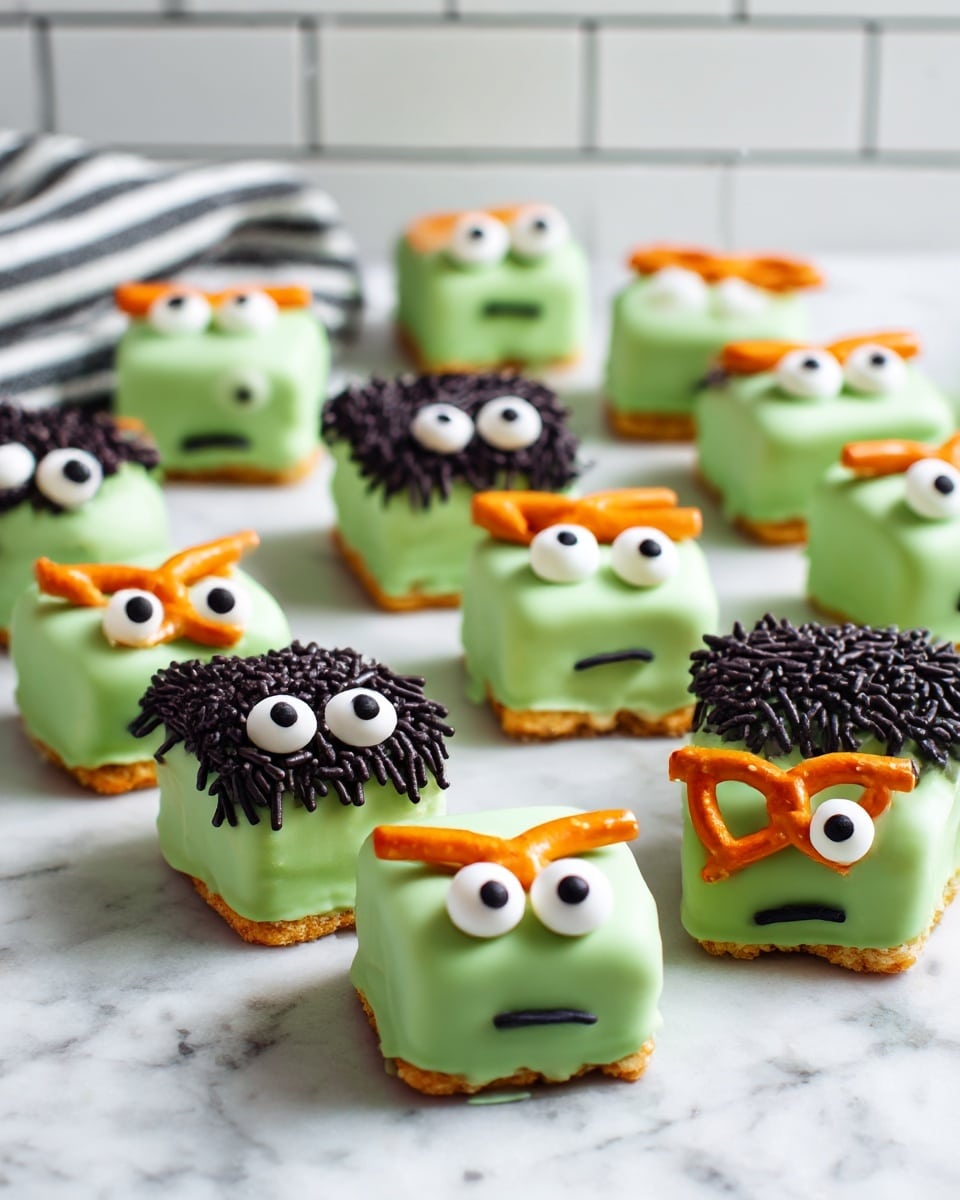 The image shows small square treats covered in light green coating, each with a short brown pretzel stick placed through their sides like arms. One side of each treat has tiny black round sprinkles arranged like hair, with two large white candy eyes on another treat visible. The texture of the coating is smooth but not shiny, and the pretzel sticks add a crunchy contrast. The treats rest on white parchment paper, which covers a baking tray with a worn metal surface. A woman's hand is gently holding one treat from the side. Photo taken with an iphone --ar 4:5 --v 7