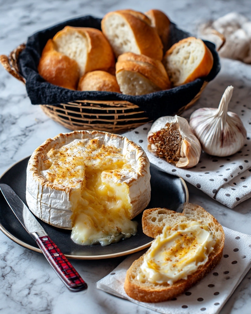 A round soft cheese with a white outer rind and smooth pale yellow inside sits on a white plate, with a wedge removed showing the creamy texture flowing out onto the plate. A shiny spreading knife with a red and black checkered handle rests partially on the cheese and plate. Nearby, a white napkin with gray dots holds a small piece of sliced bread topped with a smooth layer of the creamy cheese. In the background on a white marbled surface, a basket lined with a black cloth contains several slices of light golden bread, and a whole roasted garlic bulb is also visible. Photo taken with an iphone --ar 4:5 --v 7