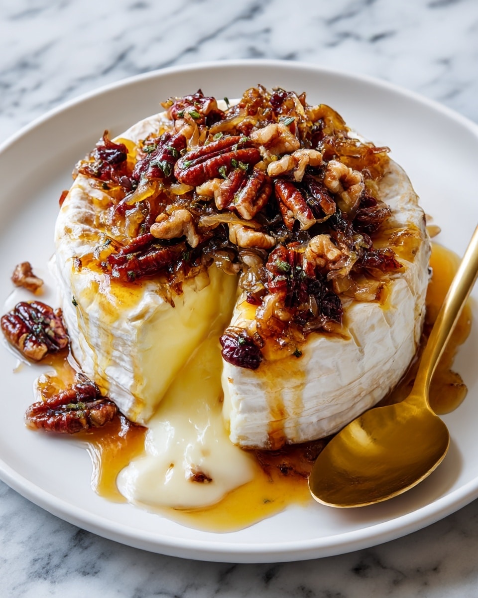 The image shows a round cheese wheel placed in a white dish with handles. The cheese is creamy white with a soft, slightly wrinkled rind and is topped with a thick layer of shiny caramelized onions and whole pecans. The onions and pecans are golden brown and dark reddish-brown, covered in a sticky glaze that drips down the sides of the cheese. There is a silver fork on the left side of the dish, touching the cheese and some of the topping. The dish is set on a light-colored cloth with a few scattered pecans, all on a white marbled surface. Photo taken with an iphone --ar 4:5 --v 7