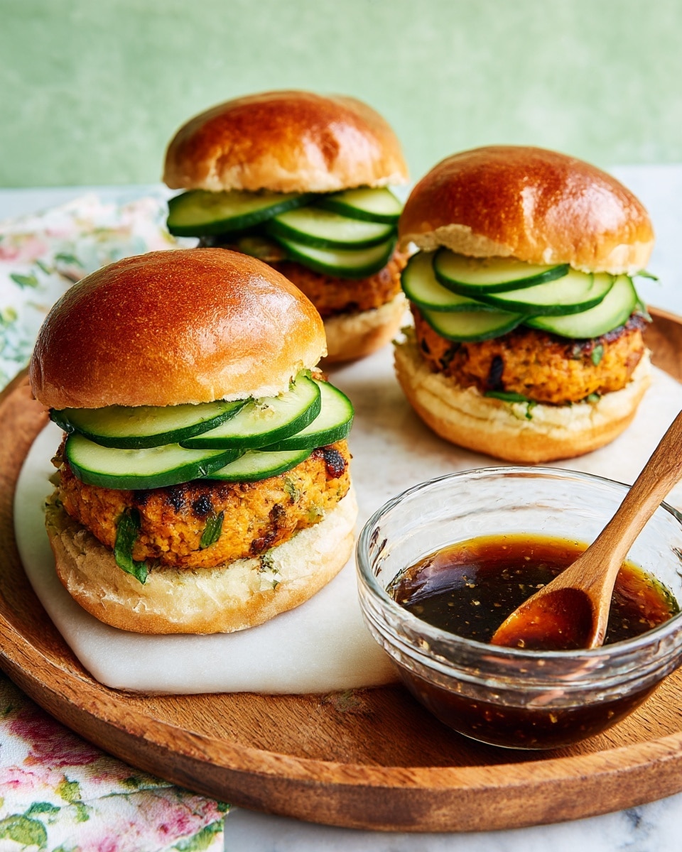 Three sandwiches sit on a round wooden board over a white marbled surface with a floral cloth beneath. Each sandwich has a shiny golden-brown top bun, layers of thinly sliced green cucumbers, a thick lightly speckled patty with hints of herbs, and a soft bottom bun. In the background, there is a clear glass cup filled with dark sauce and a wooden spoon inside. photo taken with an iphone --ar 4:5 --v 7