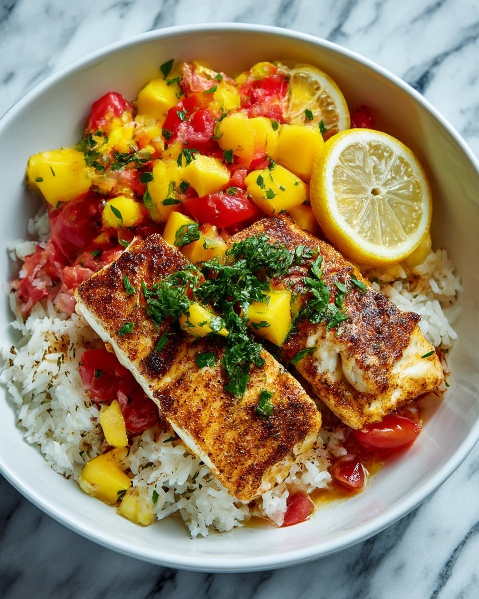 The image shows a white bowl with four layers: the bottom layer is a bed of white rice with a slightly fluffy texture, on top of the rice are two large grilled fish fillets with a dark golden brown color and a crispy look; next to the fish are two thin yellow lemon slices with a bit of green parsley on top, and at the side is a colorful mango salsa made of bright yellow mango cubes, red tomato pieces, and green cilantro leaves, all resting on a white marbled surface; a small part of a green leafy garnish is visible on the side. photo taken with an iphone --ar 4:5 --v 7