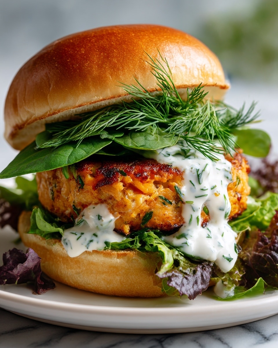 A close-up image of a two-layer salmon patty stack on a white plate, placed on a white marbled surface. The bottom layer is a golden-brown grilled salmon patty with specks of green herbs visible. Above it is a thick drizzle of creamy yellow sauce with red and green flecks, dripping down the sides. On top of the sauce are fresh cucumber slices in a light green color, followed by slices of bright red tomato. The top layer is another salmon patty, grilled to a slightly darker golden-brown with visible herbs. The stack is topped with fresh, leafy green herbs. Some sauce and herbs are scattered around the plate, and slices of tomato are partially visible on the side. Photo taken with an iphone --ar 4:5 --v 7