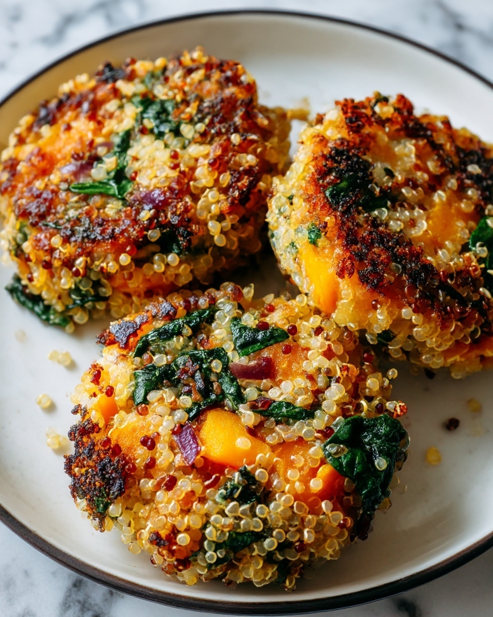 The image shows three round quinoa patties placed evenly on a white plate with a dark edge, sitting on a white marbled surface. Each patty has a textured layer of cooked quinoa grains in light yellow and red tones mixed with visible pieces of orange sweet potato, small bits of purple onion, and dark green spinach leaves. The patties have a light golden to dark brown crispy layer formed on the top and edges from cooking, giving a slightly charred appearance. The texture looks soft inside with a crunchy outside. photo taken with an iphone --ar 4:5 --v 7