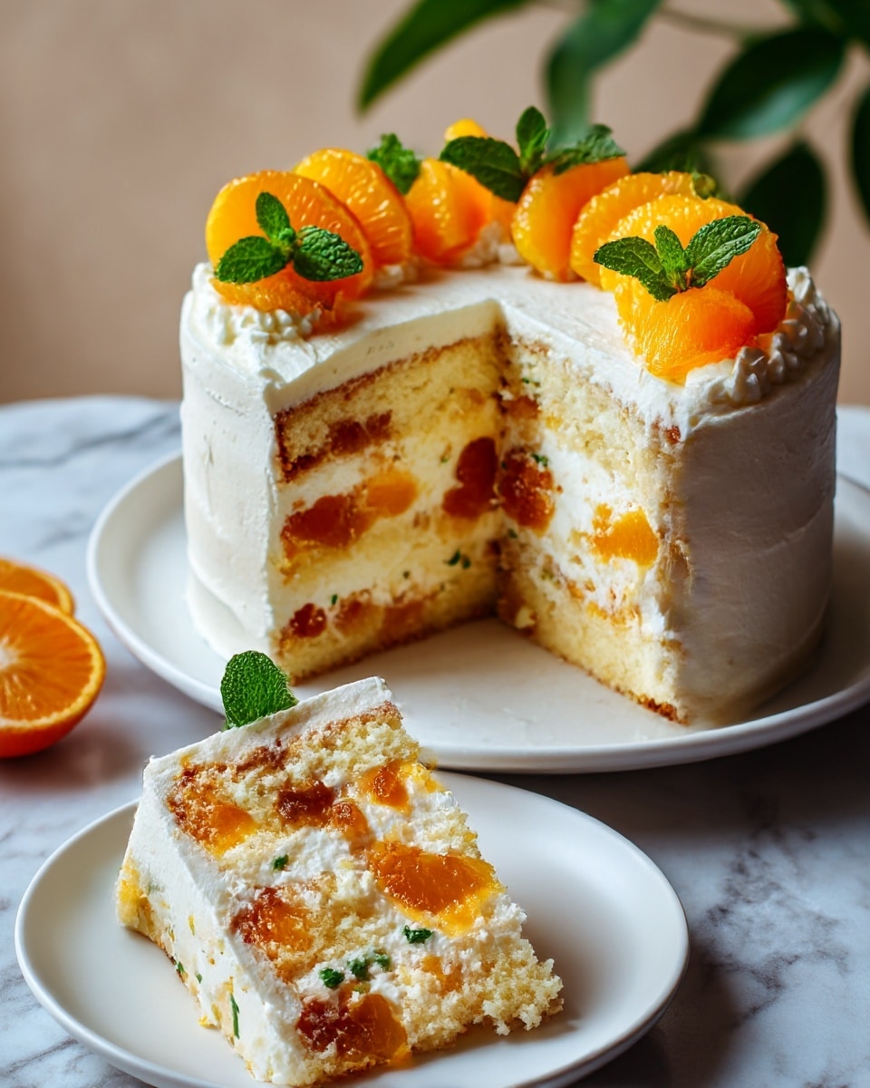 A small round cake with three visible layers of light yellow sponge separated by white cream, covered thinly with white frosting that shows some sponge through; on top, there are orange fruit pieces and a small green mint leaf as decoration, alongside a tall, twisted gold candle standing upright in the center; the cake sits on a white marbled surface with a blurred green plant and orange object in the background, photo taken with an iphone --ar 4:5 --v 7