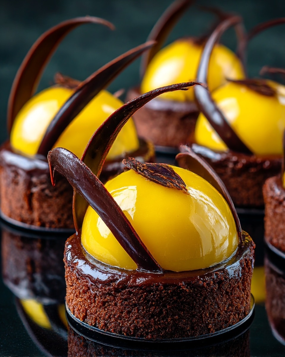 The image shows two small round chocolate cakes placed on a shiny black surface with a subtle reflection. Each cake has a smooth, bright yellow dome on top, resembling a glaze or mousse, centered perfectly. Thin, curved dark chocolate spirals rise elegantly from the back of each yellow dome, adding height and decoration. The background is completely black, making the rich brown of the cakes and the vibrant yellow stands out. Photo taken with an iphone --ar 4:5 --v 7