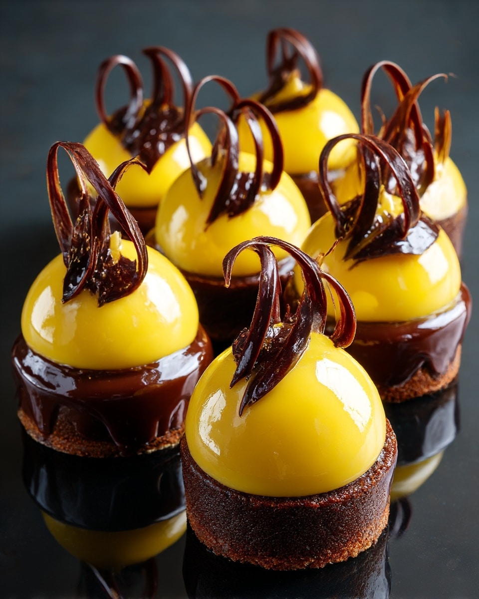 The image shows six small dark brown round cakes as the base, each with a smooth, shiny yellow dome on top that looks creamy. On each yellow dome, there is a thin, curly dark brown chocolate decoration that stands tall and curves delicately over the dessert. The desserts are placed close together on a shiny black surface that reflects the cakes clearly, highlighting their glossy textures and rich colors. photo taken with an iphone --ar 4:5 --v 7