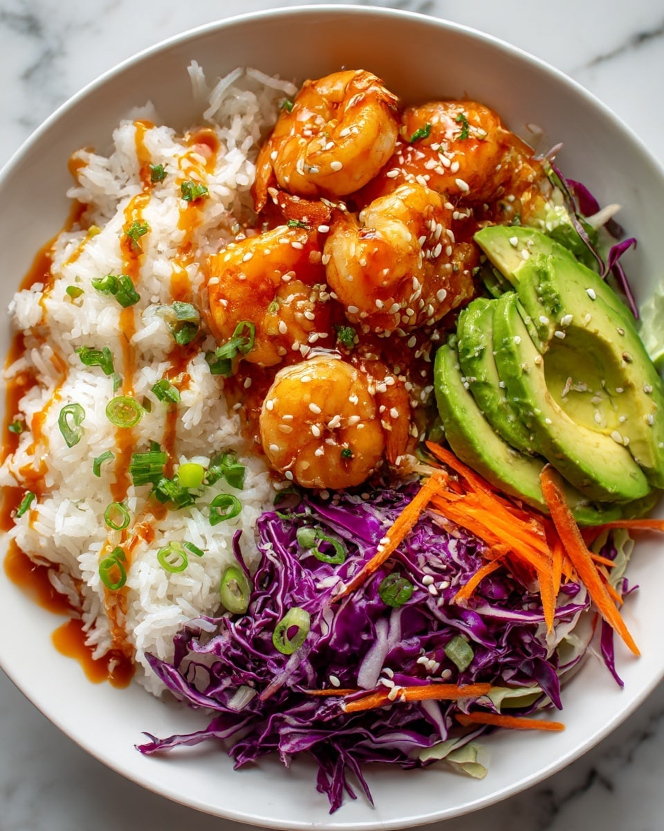 A white bowl shows a base layer of white rice topped with crispy golden-brown fried shrimp, drizzled with a light orange creamy sauce and sprinkled with small green herbs. To the side, there are light green cucumber slices and bright orange shredded carrots, with a small pile of green edamame beans. On top of the rice and shrimp, there is a sliced green avocado half with a sprinkle of black pepper and fresh green cilantro leaves for garnish, all arranged on a white marbled surface. photo taken with an iphone --ar 4:5 --v 7