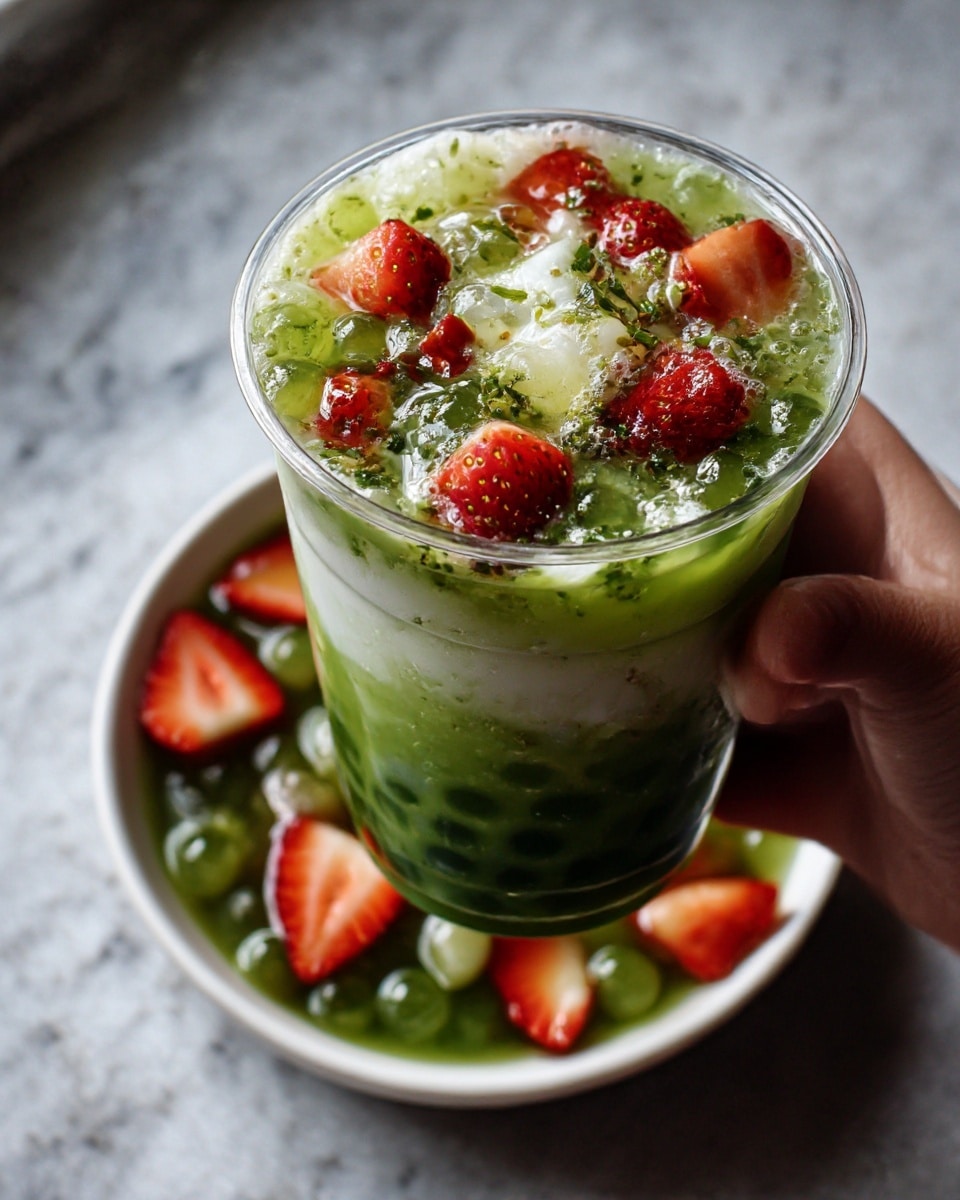 A close-up of a woman's hand holding a clear cup filled with a layered drink. The bottom layer is green tapioca pearls, above it is a thick white layer, and the top layer is a light green liquid with small pieces of red fruit and green bits floating in it. Below the cup is a white bowl with a white marbled texture beneath, filled with the same green drink as the cup, with slices of red fruit and small green pieces scattered on the surface. Photo taken with an iphone --ar 4:5 --v 7