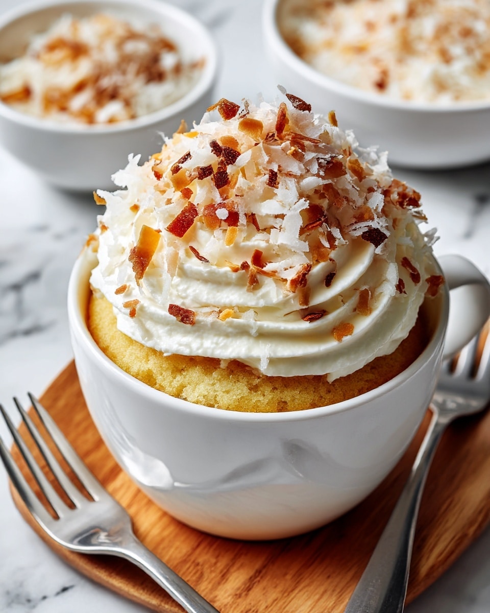 A white mug filled with a light yellow, soft and fluffy cake that fills the mug to the top, topped with a generous layer of white shredded coconut sprinkled all over. The mug sits on a white marbled surface, with a blurred spoon and fork in the background on the right side. The texture of the cake looks airy and moist, contrasting with the delicate, fibrous texture of the coconut on top. Photo taken with an iphone --ar 4:5 --v 7