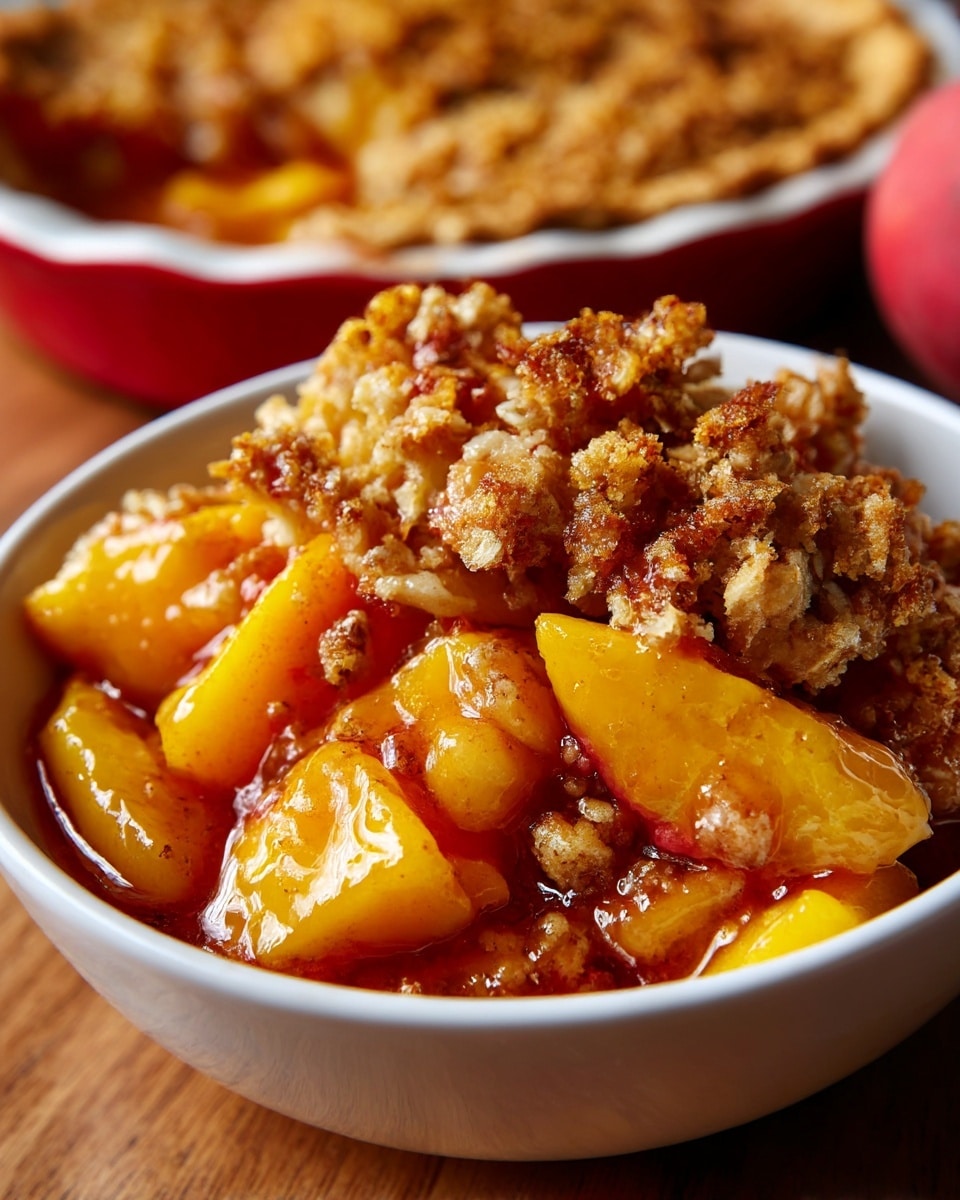 The image shows a white bowl filled with peach crisp, featuring two main layers: the bottom layer is made of soft, bright yellow peach slices covered in a shiny syrup, and the top layer is a crumbly, golden-brown topping with a textured and slightly crunchy look. In the background, there is a white pie dish with a red rim filled with more peach crisp, slightly blurred to keep focus on the bowl. The whole scene is set on a wooden surface with a warm tone, and the text