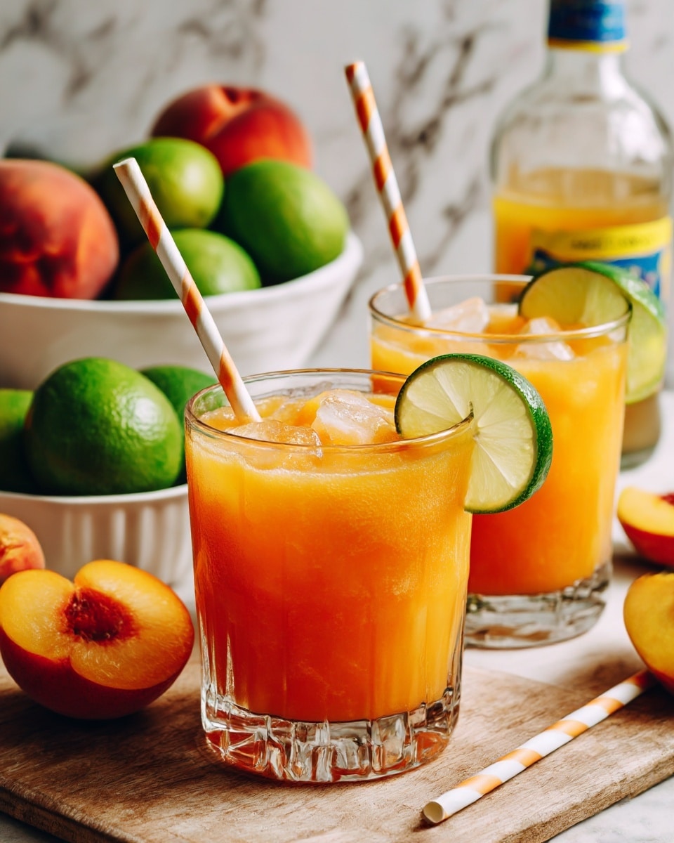 Two short, clear glasses are filled with a smooth bright orange drink that looks thick and cold. Each glass has a slice of lime placed on the rim and a striped straw with white and light orange stripes sticking out. The glasses sit on a light brown wooden table. In the background to the left, there is a white bowl with whole and sliced green limes and some peaches nearby. To the right in the background, a clear bottle with a blue and yellow label is slightly out of focus. The surface behind is white with a marbled texture. photo taken with an iphone --ar 4:5 --v 7