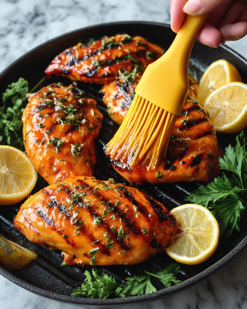 A close-up image shows three grilled chicken pieces with a shiny orange glaze and slight char marks, arranged on a dark pan. Small green herbs sprinkle over the chicken, adding texture. Around the chicken are lemon wedges and green parsley leaves, adding fresh yellow and green touches. A yellow silicone brush held by a woman's hand is brushing the glaze over one chicken piece. The dark pan sits on a white marbled surface. photo taken with an iphone --ar 4:5 --v 7