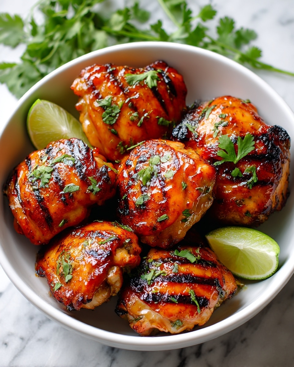 The image shows a white round plate filled with six pieces of grilled chicken thighs that have a shiny, orange-brown glaze with dark grill marks on top. Bright green cilantro leaves are sprinkled over the chicken pieces. There are three lime wedges placed around the chicken, adding a fresh green and light yellow color contrast. The plate is set on a white marbled surface with a wooden texture visible in the background. The lighting highlights the glossy texture of the chicken and garnish. photo taken with an iphone --ar 4:5 --v 7