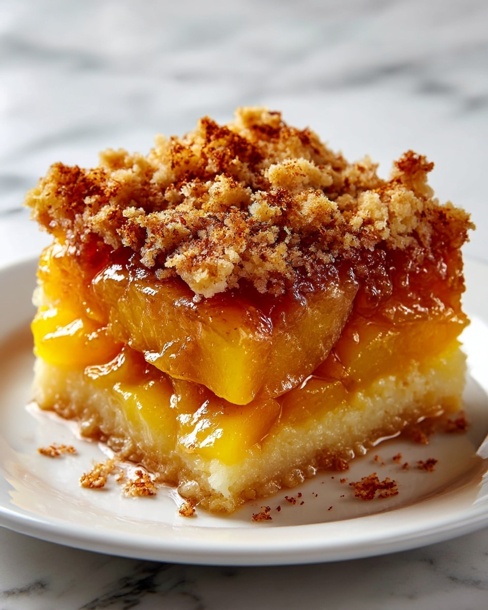 A close-up image of a peach crumble dessert showing two main layers: the bottom layer consists of bright yellow peach chunks in a shiny, syrupy glaze with hints of cinnamon brown, while the top layer is a crumbly, golden-brown streusel with a coarse texture and some sugar sprinkled on top. The dessert is served in a white bowl, placed on a surface with a white marbled texture. photo taken with an iphone --ar 4:5 --v 7
