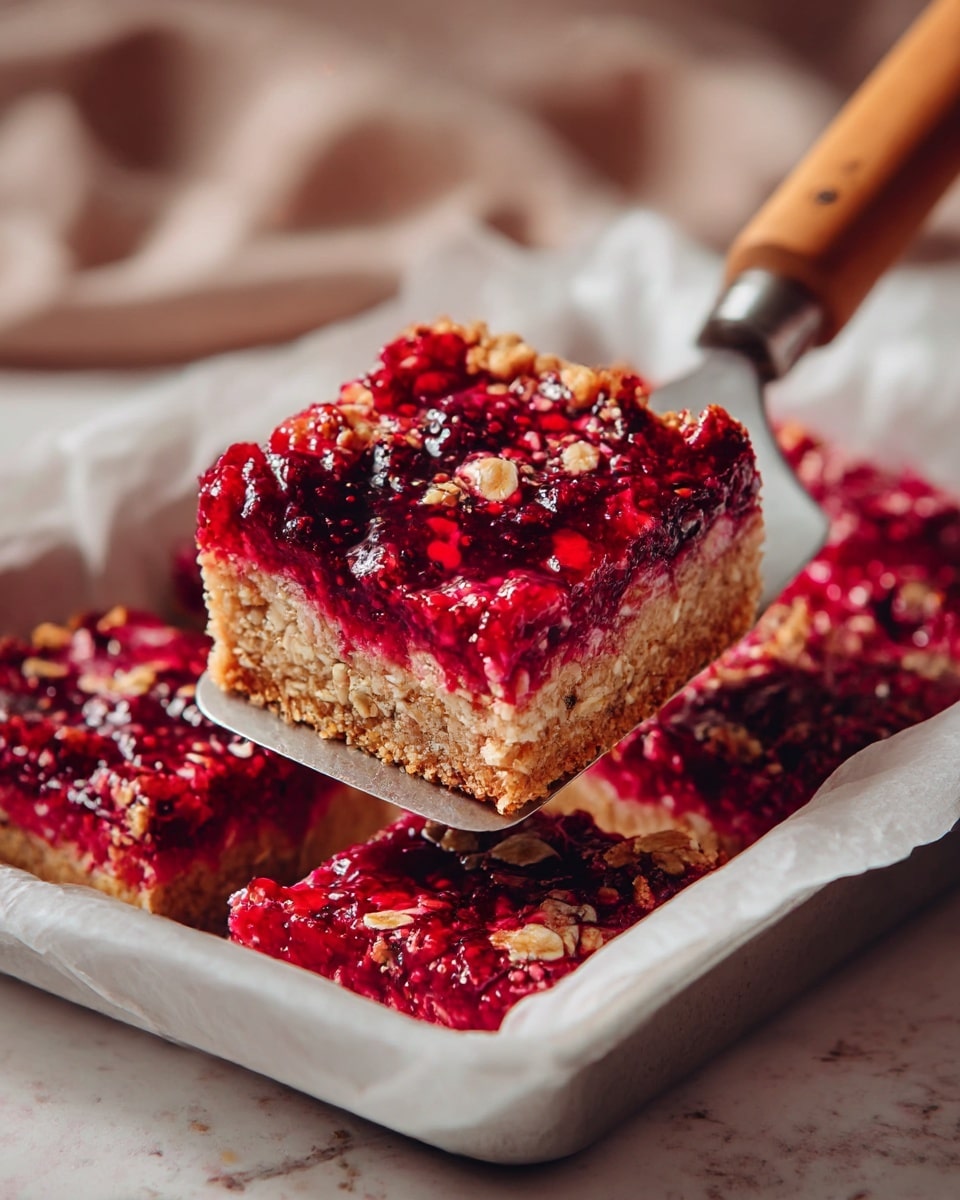 The image shows a white baking dish lined with parchment paper holding a raspberry swirl cake cut into nine square pieces with one piece being lifted by a spatula with a wooden handle. The cake surface has a marbled pattern of deep red raspberries mixed with a light golden brown batter, creating a textured look with swirls across the top. Around the dish, there is a white marbled surface with bowls of fresh raspberries and creamy white yogurt visible in the background, along with a white mug partly seen at the bottom. photo taken with an iphone --ar 4:5 --v 7
