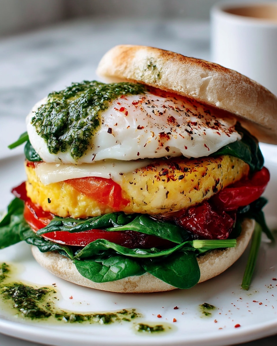 A sandwich sits on a white plate with a white marbled surface underneath. The sandwich has three main layers inside an English muffin: the bottom layer is fresh green spinach leaves and a slice of red tomato; the middle layer is a thick, fluffy yellow egg patty with some black pepper seasoning; on top of the egg is a creamy white melted cheese slice; the uppermost layer is a generous spread of green pesto sauce. The English muffin is lightly toasted with a golden brown outer texture. Some pesto sauce is also spread around the plate. Photo taken with an iphone --ar 4:5 --v 7