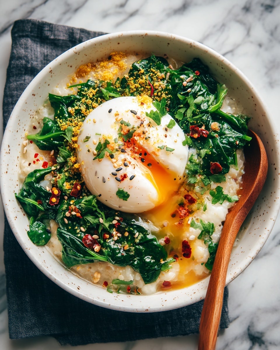 The dish is a bowl of creamy oats as the base layer, light brown in color with a soft, porridge texture. On top, there are bright green cooked spinach leaves spread around in patches. In the center is a soft-boiled egg with the white smooth and firm, while the golden yolk is soft and slightly runny, spilling down onto the oats. There are small sprinkles of yellow powder and finely chopped green herbs scattered over the spinach and oats. Some red chili flakes and black sesame seeds add contrast to the colors. The bowl is white with small brown speckles, placed on a dark cloth over a white marbled surface. A wooden spoon rests inside the bowl on the right side. Photo taken with an iphone --ar 4:5 --v 7