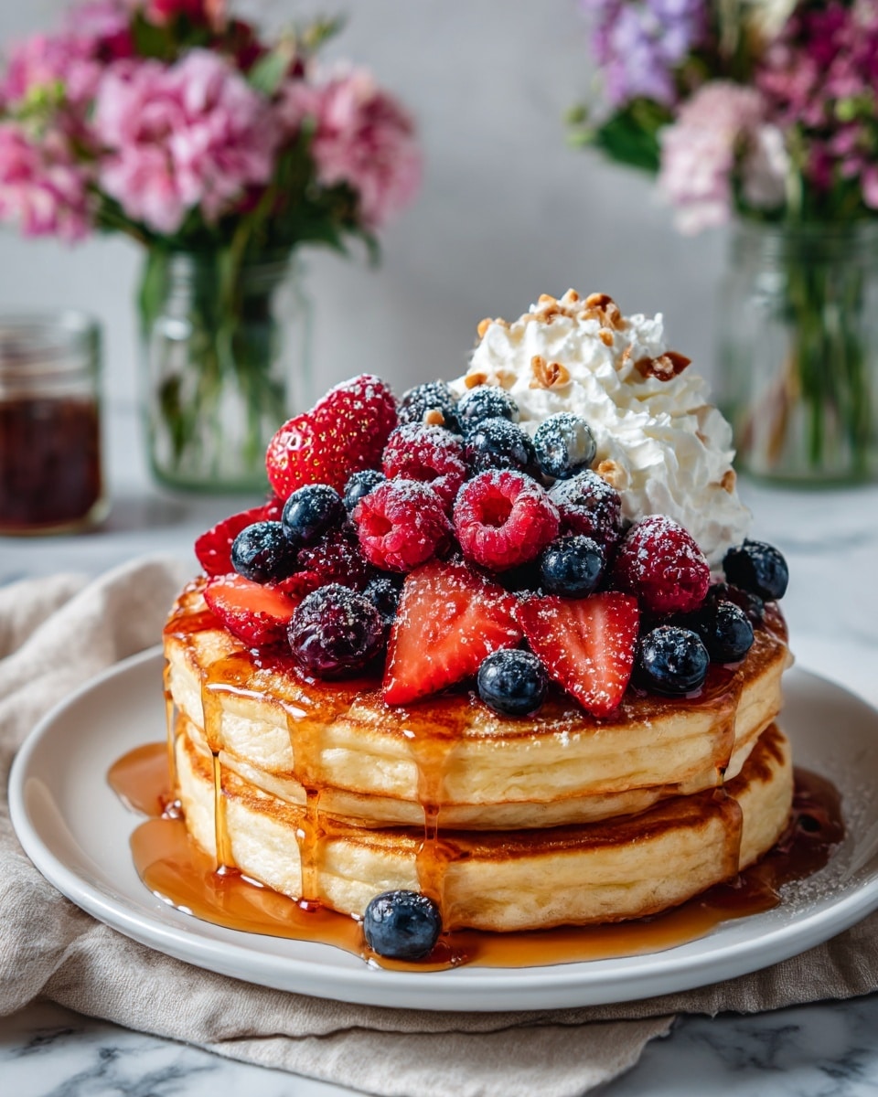 A stack of two thick, golden brown pancakes sits on a white plate, glistening with syrup that drips down the sides. On top of the pancakes, there is a heap of fresh mixed berries, including red strawberries and raspberries, and dark blue blueberries, dusted lightly with powdered sugar. Next to the berries, a dollop of white whipped cream is sprinkled with chopped nuts, adding texture and color contrast. The plate rests on a soft beige cloth over a white marbled surface, with blurred jars of pink flowers in the background. photo taken with an iphone --ar 4:5 --v 7