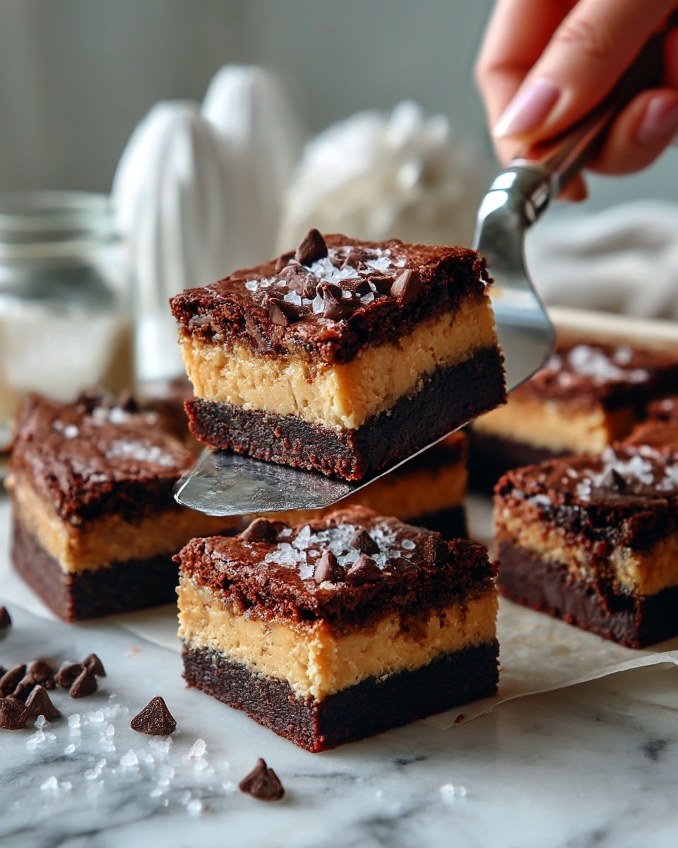 A close-up image of a brownie with three visible layers: a thick, dark brown top layer studded with chocolate chips and coarse salt flakes, a middle creamy light tan peanut butter layer, and a bottom dark brown chocolate layer. The brownie is square-shaped, with several square pieces cut but still in the pan, placed on a white marbled surface. A woman's hand holds a silver spatula lifting one piece of the brownie, showing the layers clearly. In the background, there are white decorative objects that are softly blurred. photo taken with an iphone --ar 4:5 --v 7