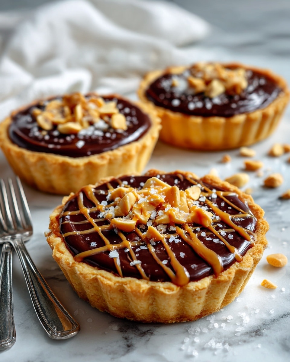 The image shows three small tarts with lightly golden crusts. Each tart has a thick smooth brown layer inside topped with a shiny dark chocolate layer. One tart has a crisscross drizzle of a lighter brown sauce and is sprinkled with chopped peanuts in the center. Another tart has chopped peanuts and some sea salt scattered on top of the dark chocolate layer. The tarts are placed on a white marbled surface with more peanuts and salt scattered around. On the left side, a white cloth with two silver forks lies near the tarts. photo taken with an iphone --ar 4:5 --v 7