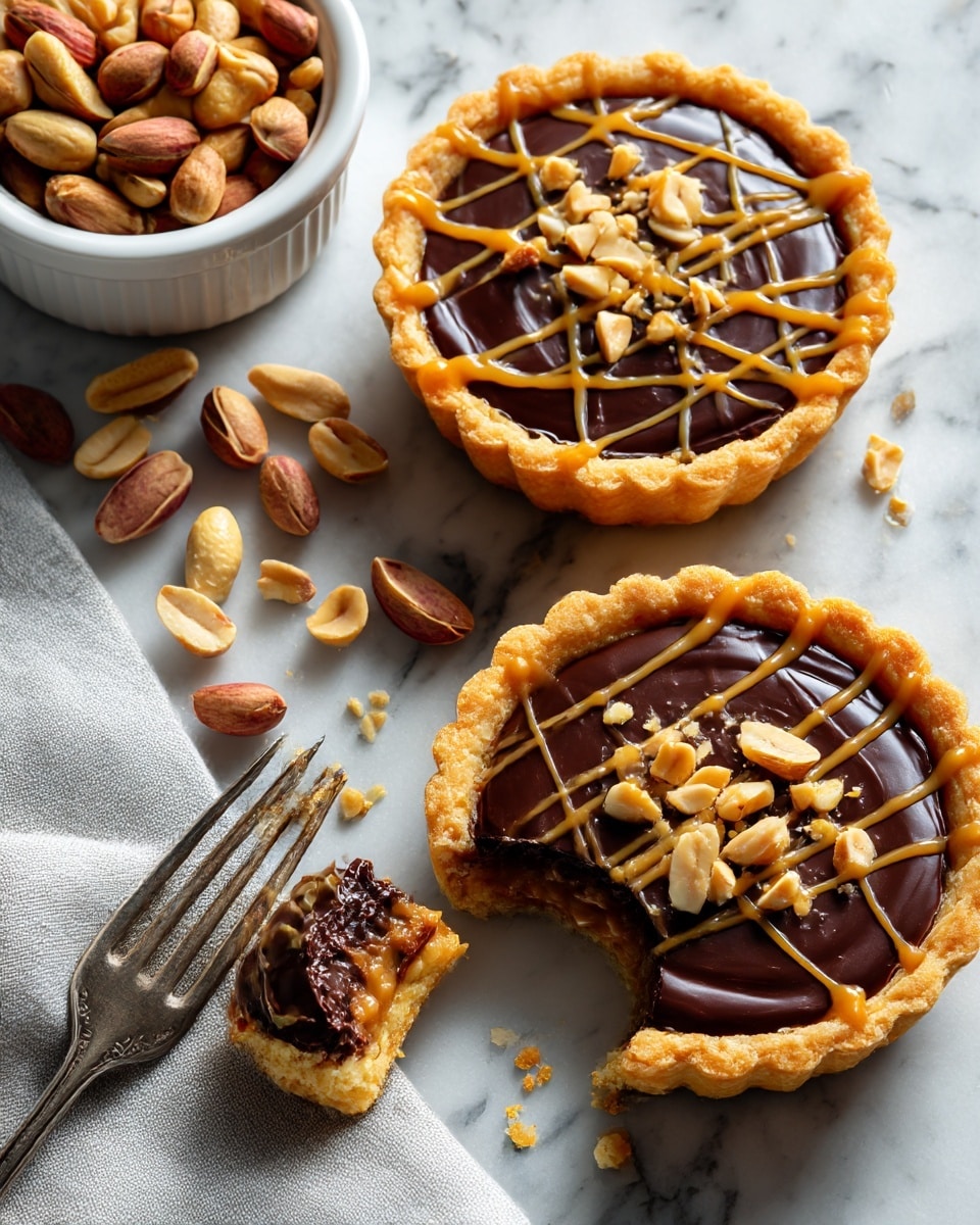 Two small tarts with a flaky, golden crust sit on a white marbled surface, each filled with a smooth, dark chocolate layer at the top. One tart is decorated with a light caramel drizzle in a crisscross pattern, and both have chopped peanuts sprinkled in the center. The tart in the front has a bite taken out of it, revealing a rich caramel layer beneath the chocolate. Around the tarts, there are scattered whole and halved peanuts, along with a small white bowl filled with peanuts in the upper left corner. A silver vintage fork holds a piece of the bitten tart, resting on a light gray cloth at the bottom left edge of the image. Photo taken with an iphone --ar 4:5 --v 7