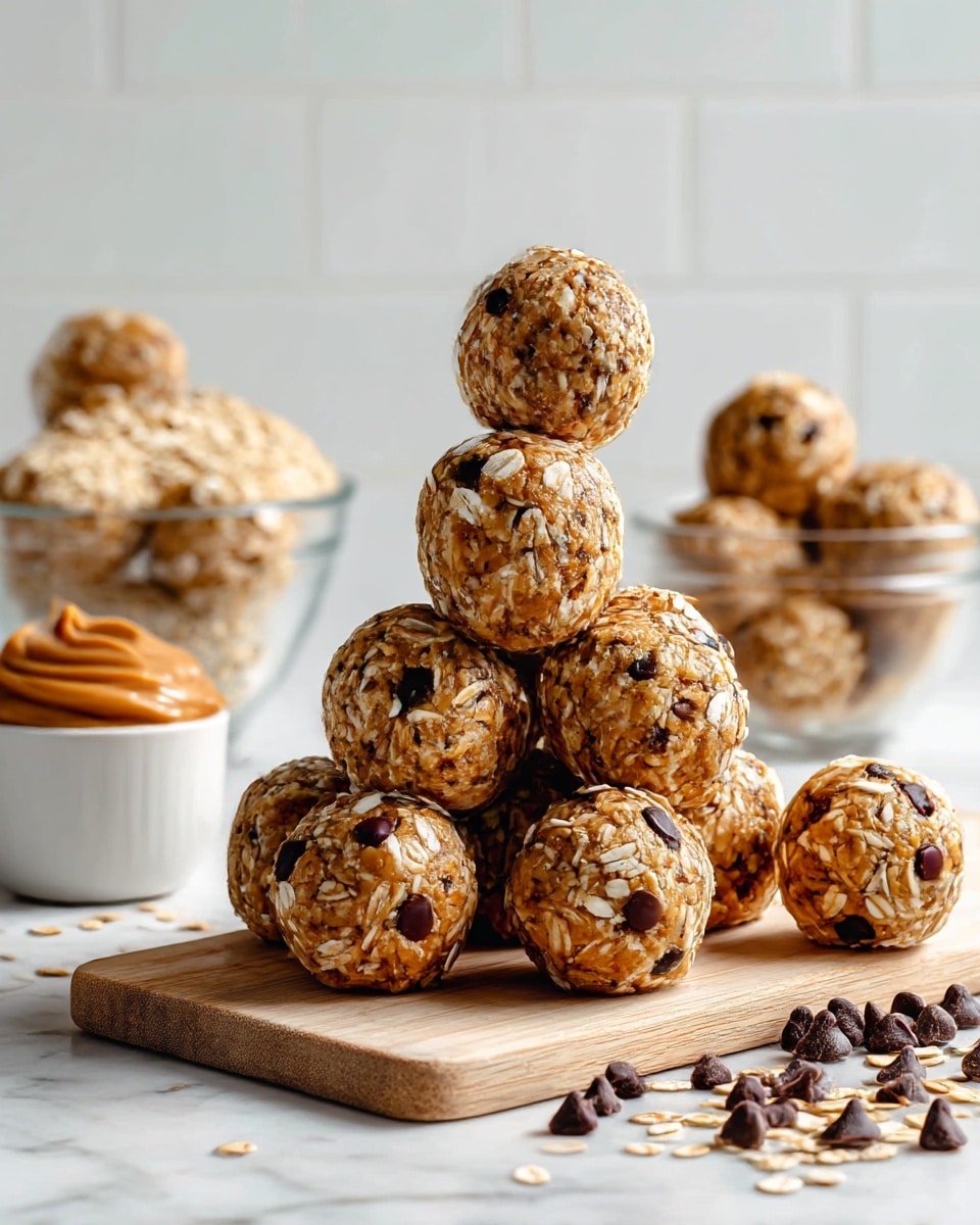 A group of round, light brown energy balls with small white nut pieces all over their surfaces is stacked on a two-layered plate with a white outer edge and light green center. The plate sits on a white marbled surface scattered with small oat and peanut pieces. In the blurred background, there is a jar filled with oats on the left, a white cup filled with mixed nuts and chocolate pieces in the center, and a white bowl filled with more energy balls placed on a wooden board on the right. Photo taken with an iphone --ar 4:5 --v 7