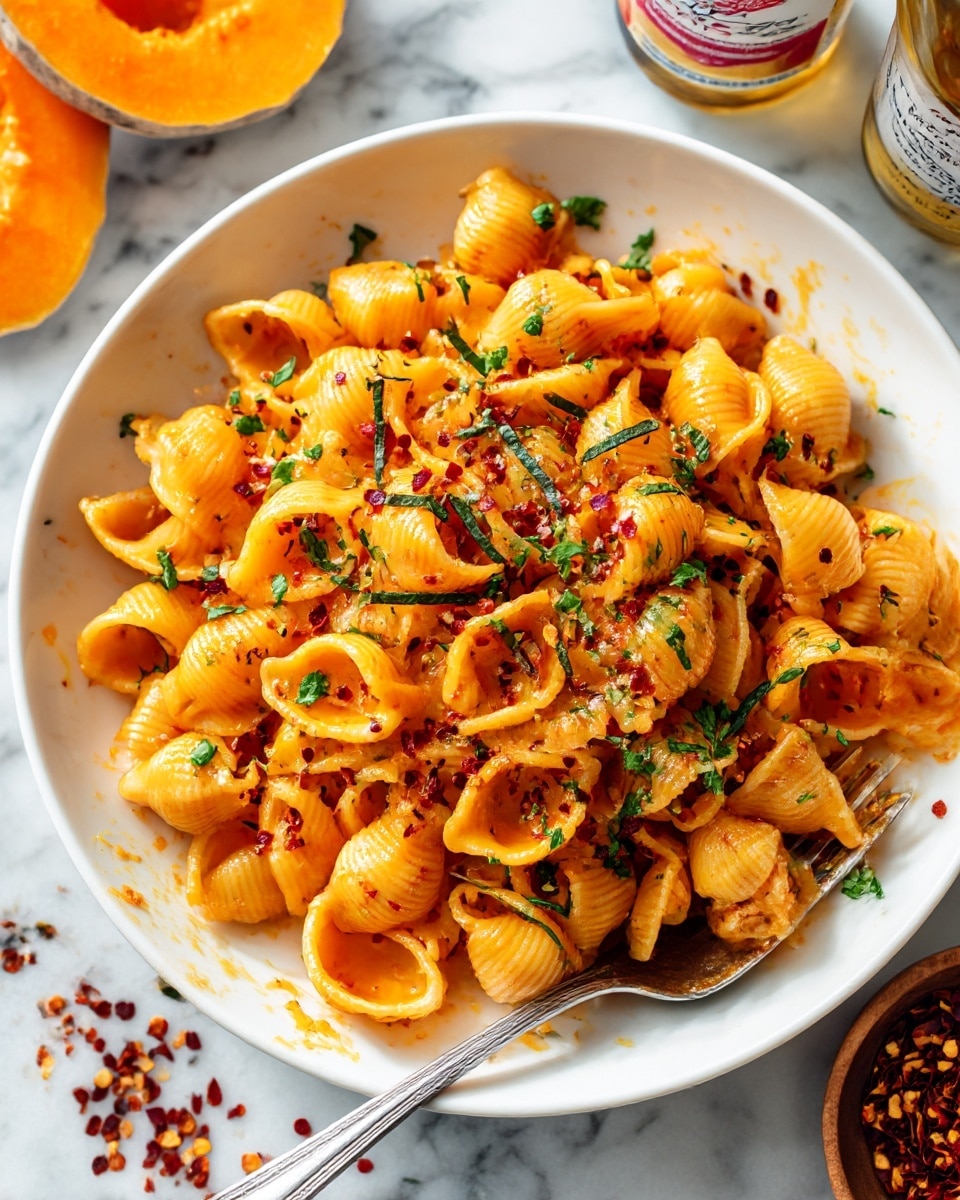 A dish of twisted, short pasta coated in a rich, shiny golden-orange sauce sits on a white plate with a light tan rim. The pasta is mixed with small dark green herbs and whole crispy sage leaves scattered on top for texture. The sauce looks smooth and creamy, clinging well to each pasta piece. A vintage gold fork rests on the edge of the plate. The plate is placed on a white marbled surface with soft natural light highlighting the creamy texture and colors of the dish. Photo taken with an iphone --ar 4:5 --v 7