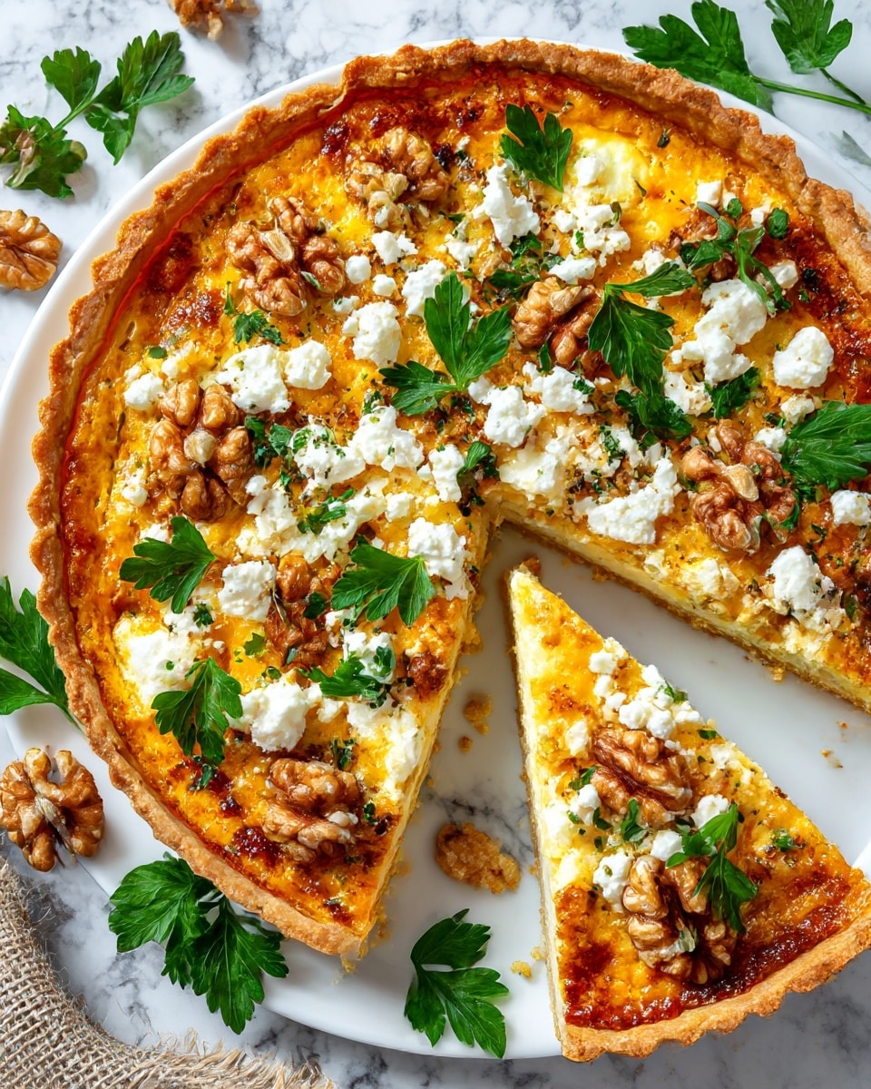 This image shows a round tart with a golden brown crust, filling that is orange-yellow with a slightly textured surface. The tart is topped with scattered white soft cheese crumbles, whole walnut halves, and fresh green parsley leaves spread evenly across the surface. One triangular slice is cut out and slightly pulled away from the tart, showing the thickness of the crust and filling. The tart is placed on a white plate with a white marbled surface underneath. Nearby are some parsley leaves and a piece of burlap fabric. Photo taken with an iphone --ar 4:5 --v 7