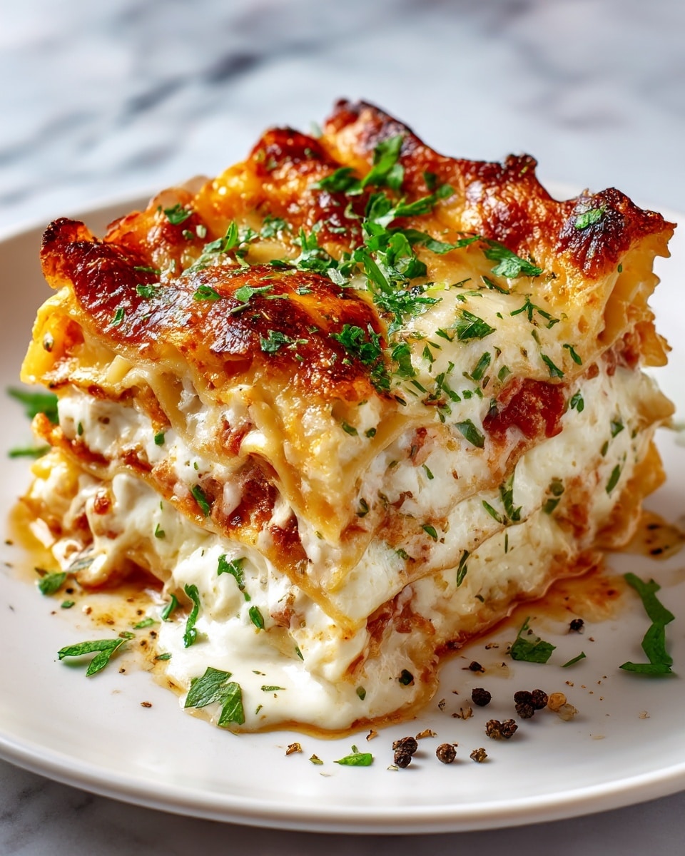 A thick square piece of lasagna with four visible layers: the top layer is a golden brown, slightly bubbly baked cheese with toasted spots and a few sprigs of fresh green thyme; below it is a smooth, light cream layer, followed by a bright orange layer of butternut squash or pumpkin, and the bottom layer appears to be soft, white ricotta or cream cheese mixed with some sauce. Each pasta sheet is visible between the layers with slightly wavy edges. The lasagna rests on a white plate with some black pepper specks and cream sauce dripping slightly on the side, all set against a white marbled surface. Photo taken with an iphone --ar 4:5 --v 7