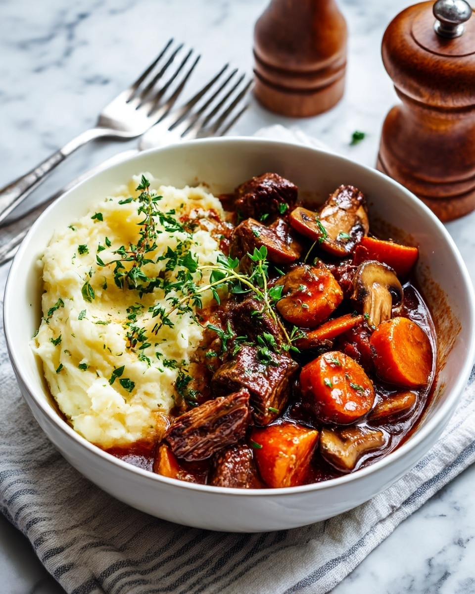 A white bowl filled with two layers: on the right side, there is a thick layer of creamy mashed potatoes, smooth and white, with a small sprig of green herbs on top; on the left side, a rich brown stew with chunks of dark brown meat, large pieces of sliced mushrooms with a light brown color and smooth texture, and thick slices of bright orange carrots, all covered in a glossy sauce. The bowl rests on a striped cloth with beige and black lines on a white marbled surface, with a whole garlic bulb and a white round object nearby. photo taken with an iphone --ar 4:5 --v 7