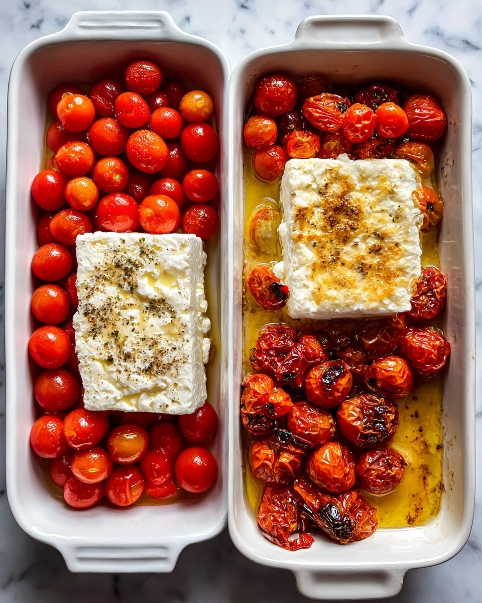 The image shows two white rectangular baking dishes placed side by side on a white marbled surface. In each dish, there is a single block of white feta cheese in the center. The cheese is surrounded by many bright red cherry tomatoes. The dish on the left shows the raw ingredients, with the tomatoes fresh and round and the feta solid and plain white. The dish on the right shows the baked version, where the cherry tomatoes have shrunk, burst, and developed a wrinkled, roasted texture with darker red spots, while the feta cheese has softened, turned slightly golden on top, and looks creamy. The juices from the tomatoes have created a light golden oil pooling at the bottom of the dish. photo taken with an iphone --ar 4:5 --v 7