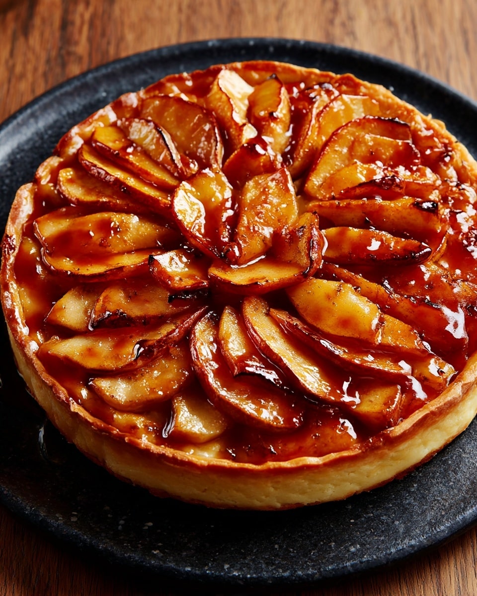 The image shows a round tart on a dark stone surface. The top layer is made of thick, shiny, caramelized apple slices, arranged tightly and overlapping in circles that fill the entire tart. The apples have a glossy, amber-brown color with some darker caramel spots. Below the apple layer, a light golden brown crust is visible around the edges, holding the apples and caramel together. The tart sits on a white marbled surface. Photo taken with an iphone --ar 4:5 --v 7