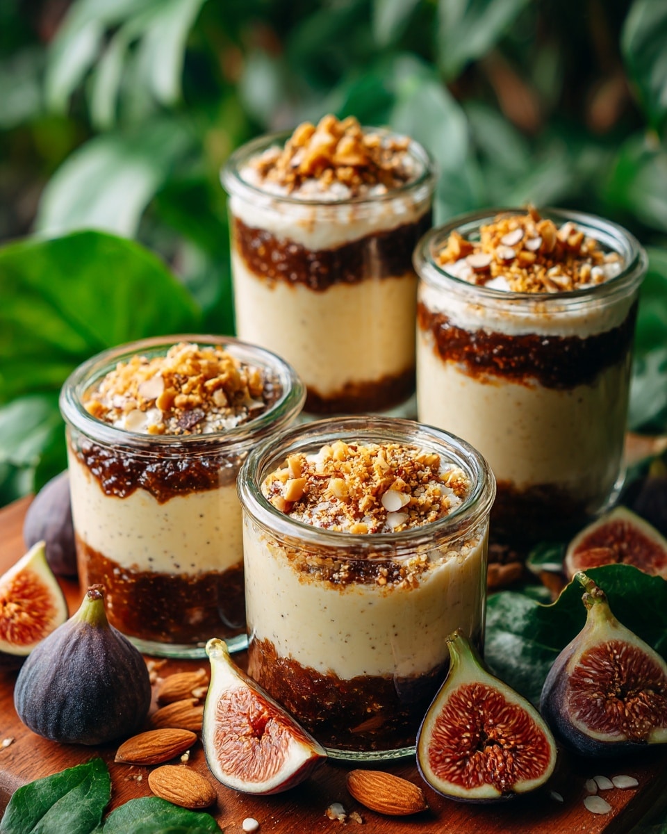 A clear glass jar with three layers: the bottom layer is a sticky golden-brown seed mix, the middle layer is a crumbly light brown granola, and the top layer is a thick, smooth off-white creamy mixture, finished with extra granola sprinkled on top; the jar sits on a white marbled surface with blurred dark and green leaves in the background, photo taken with an iphone --ar 4:5 --v 7