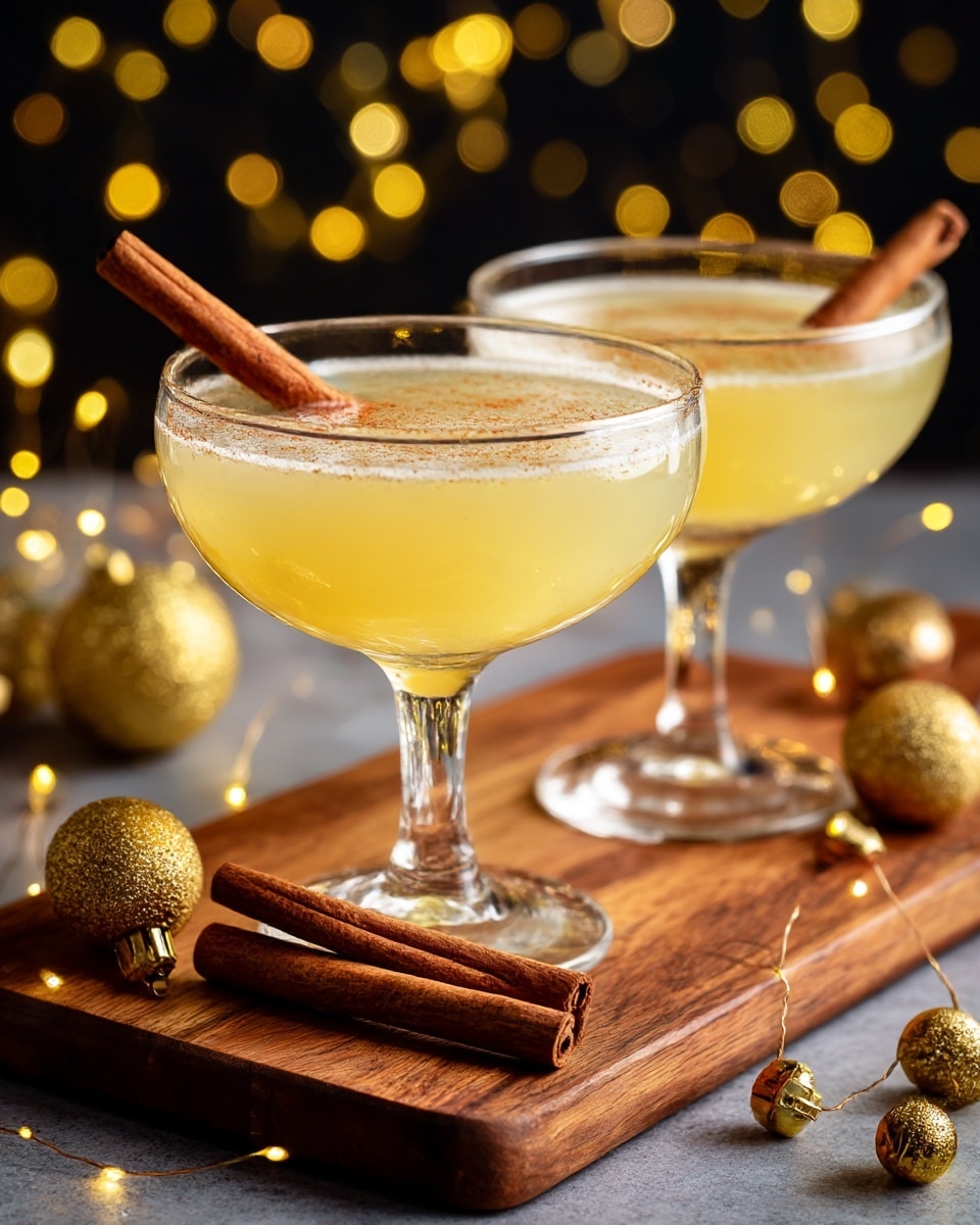 Two clear glass cocktail glasses filled with a light beige creamy drink, each topped with a cinnamon stick. The glasses sit on a natural wooden board with a smooth but rugged edge, placed on a white marbled surface. Around the glasses and board are small gold Christmas ornaments and warm fairy lights glowing softly. A woman's hand holds one glass gently from the stem on the right side of the image. The background is dark, making the lights and drinks stand out warmly. photo taken with an iphone --ar 4:5 --v 7