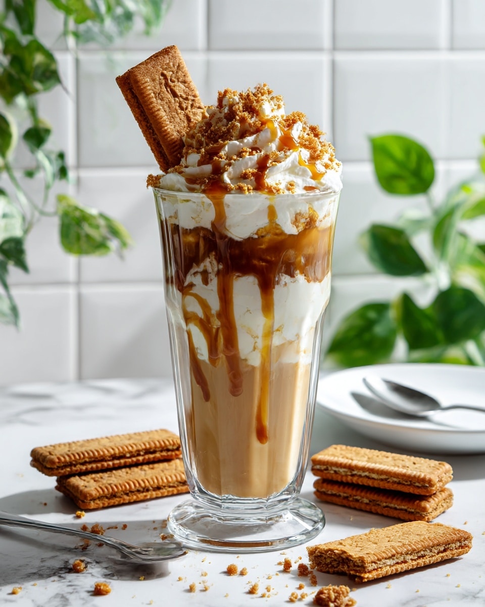 A clear glass mug filled with a light brown creamy drink that has a foamy top layer, topped with a thick white whipped cream layer. On top of the whipped cream, there is a drizzle of caramel-colored sauce and crumbled cookie bits. A large rectangular brown cookie is placed at an angle sticking out of the whipped cream. The mug sits on a white marbled surface, with some cookie crumbs scattered around and two additional brown rectangular cookies lying flat next to the mug. There is a small white dish with a spoon resting on it nearby. The background is a plain white tiled wall with a green plant and a red-lidded jar slightly blurred in the back. photo taken with an iphone --ar 4:5 --v 7