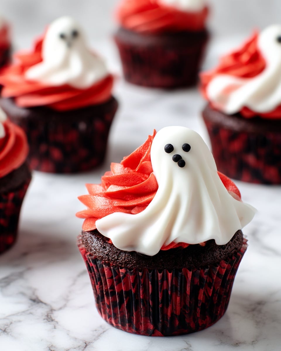 The image shows six cupcakes on a white plate with a white marbled surface in the background. Each cupcake has a golden-brown base, topped with a thick layer of shiny, dark chocolate frosting that spreads unevenly around the edges. On top of the chocolate frosting is a white ghost-shaped decoration made of smooth fondant, with two small black eyes giving each ghost a friendly look. The plate has three small black plastic spiders placed around the cupcakes, adding a spooky touch. Photo taken with an iphone --ar 4:5 --v 7