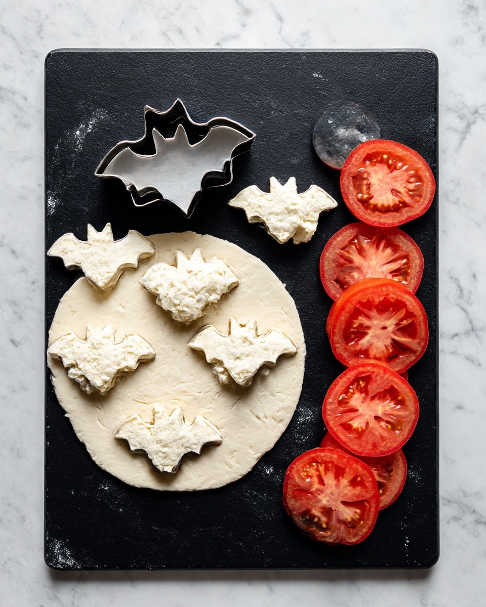 A black cutting board sits on a white marbled surface, holding dollops of white dough shaped like bats using a metal bat-shaped cookie cutter placed on a dough circle. To the right side of the board, there are bright red tomato slices arranged in a neat stack. The texture of the dough looks soft and smooth, contrasting with the rougher texture of the cutting board. Photo taken with an iphone --ar 4:5 --v 7
