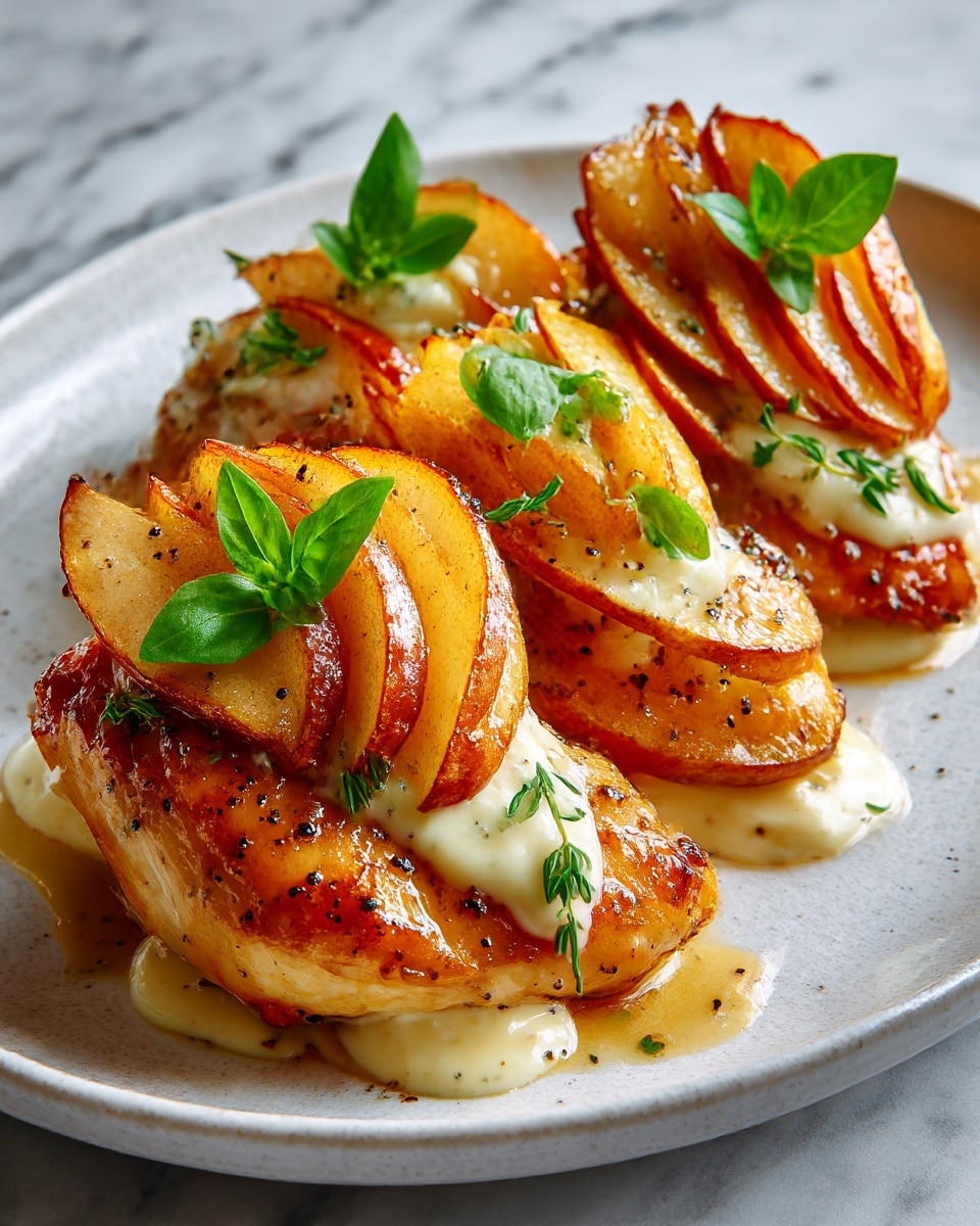 Two cooked pieces of chicken are shown on a white plate with a white marbled texture underneath. Each piece has a layer of sliced apples on top, alternating between red and pale yellow slices. The apples are glazed with a shiny sauce, showing a slightly browned texture from cooking. Small green thyme leaves are scattered on and around the chicken, adding a touch of color and freshness. The chicken skin looks crispy and browned on the edges, with juicy textures visible. photo taken with an iphone --ar 4:5 --v 7
