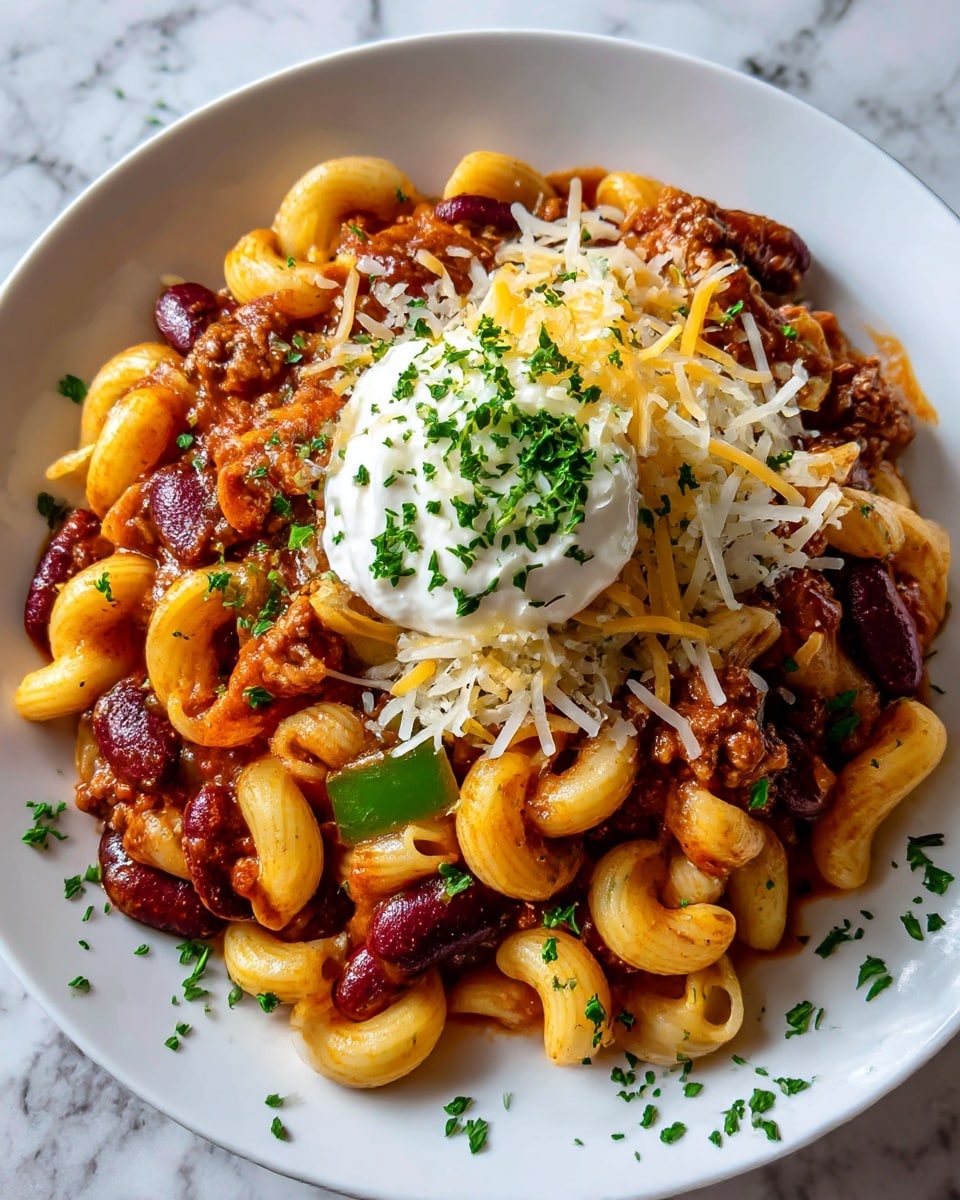 A white plate filled with three layers of food: the bottom layer is light yellow-orange cooked pasta with curly shapes and some visible sauce, the middle layer consists of dark red kidney beans mixed in, and the top layer is melted orange-yellow cheese sprinkled with small green herb pieces. A silver fork rests on the left side of the plate, slightly inserted into the pasta. The plate is on a white marbled surface. photo taken with an iphone --ar 4:5 --v 7