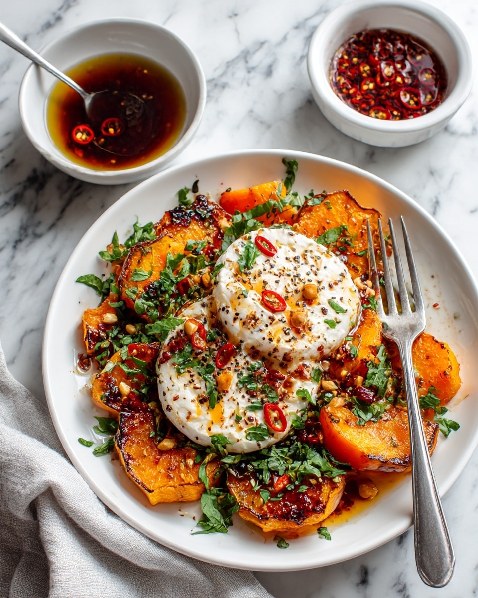A white bowl holds a layered dish with a base of browned and soft orange roasted pumpkin pieces, topped with a thick, round, white dollop of creamy burrata cheese sprinkled with black pepper. Bright red sliced chili peppers and chopped toasted hazelnuts are scattered over the pumpkin and cheese. Green herb sauce drizzles add spots of color across the dish. A silver fork rests inside the bowl on the right side. In the background, a small white bowl with sliced red chili in oil sits on a white marbled surface. A light beige cloth is casually placed at the bottom right corner. Photo taken with an iphone --ar 4:5 --v 7