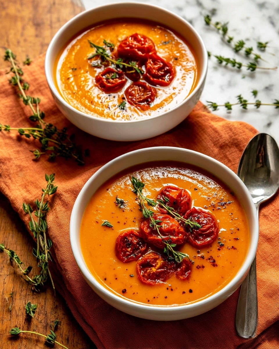 Two white bowls filled with smooth orange soup topped with scattered pieces of roasted cherry tomatoes and bits of herbs; one bowl has a wooden-handled spoon resting inside, the other features a toasted golden-brown bread slice partially dipped into the soup. The bowls sit on a white marbled textured surface with loose garlic cloves and fresh green thyme sprigs around them, along with an orange cloth and a tarnished silver spoon nearby. Photo taken with an iphone --ar 4:5 --v 7