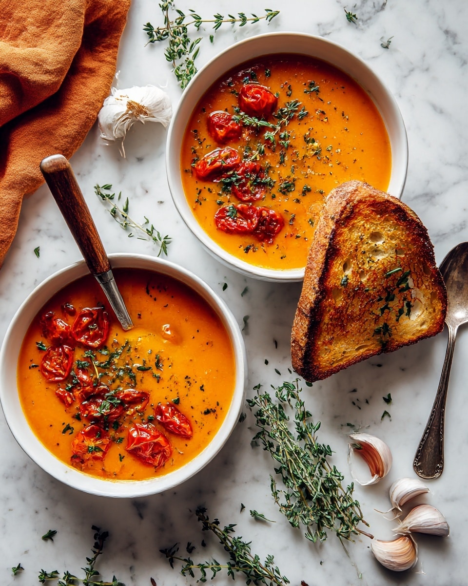 Two white bowls filled with thick orange soup, each topped with small roasted tomatoes and specks of herbs and spices. The soup surface looks creamy and smooth with a slight shine. Fresh green thyme leaves rest on top of one bowl, adding a touch of color. The bowls sit on a soft orange cloth laid on a rustic wooden table, with some thyme sprigs scattered around. A shiny silver spoon lies next to one bowl. The background is a white marbled texture. photo taken with an iphone --ar 4:5 --v 7