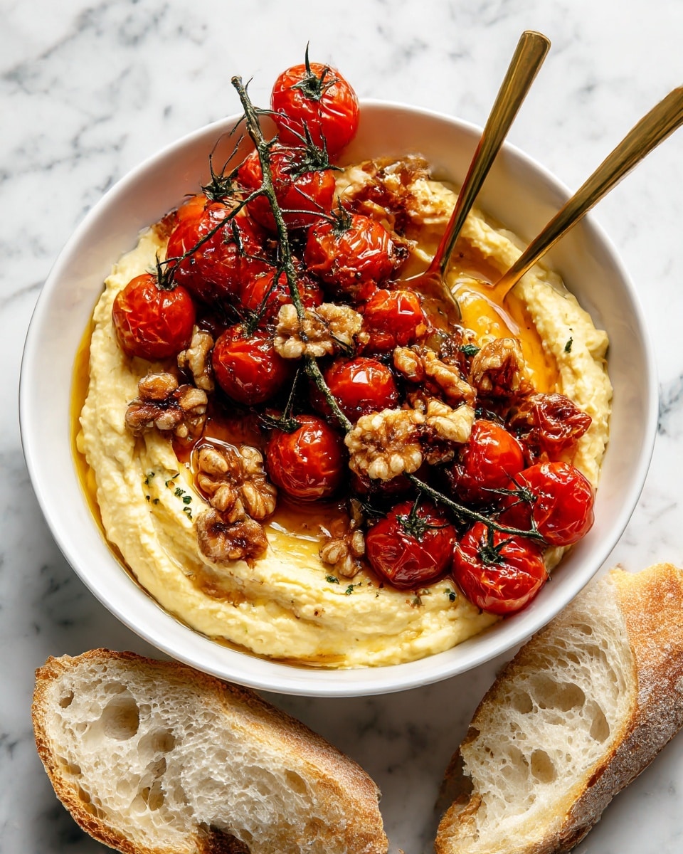 In a white shallow bowl, there is a twisted base layer of creamy pale beige hummus, spread unevenly with visible texture and small green specks. On top, a cluster of shiny, roasted red cherry tomatoes still attached to their green vine sits slightly off-center. Scattered over and around the tomatoes are crinkled, light brown walnut pieces. To the right side of the bowl, there are three pieces of crusty bread with a golden brown crust and open, airy crumb. Two gold spoons rest inside the bowl—one scooping some hummus with walnuts and the other placed on the left side slightly touching the hummus. The whole scene sits on a white marbled surface with a wooden bowl of walnuts and more pieces of bread in the background. Photo taken with an iphone --ar 4:5 --v 7