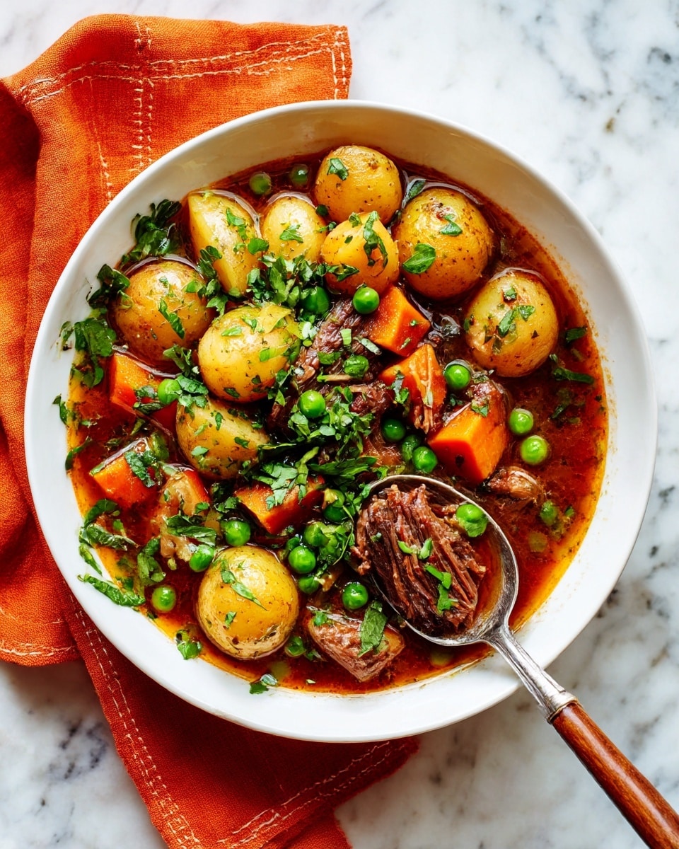 Three white bowls filled with beef stew sit on a white marbled surface. Each bowl has a rich brown broth with chunks of dark brown beef, round yellow potatoes, bright orange carrot pieces, pale green celery slices, and scattered green peas. Fresh chopped parsley is sprinkled on top of the stew, adding a touch of green. Each bowl has a spoon with a wooden handle resting inside. Next to the bowls is an orange cloth with red stitching, and small white dishes, one filled with more chopped parsley and two with clear salt and pepper shakers. The photo taken with an iphone --ar 4:5 --v 7