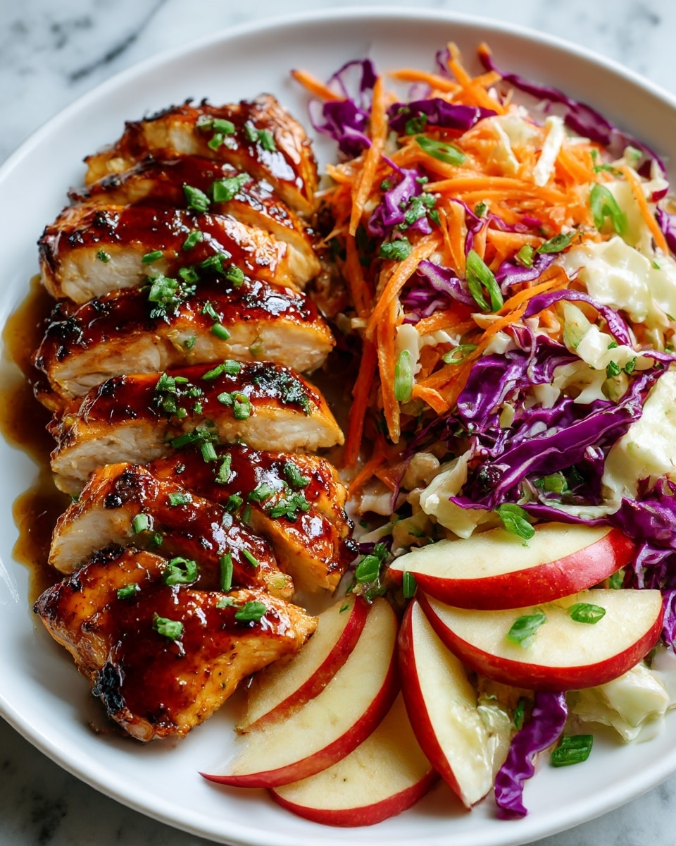 The dish shows a white bowl with two main layers: the bottom layer is a colorful mix of shredded vegetables including bright orange carrots, light green and purple cabbage, and small green herb pieces scattered throughout. On top, there are three pieces of grilled meat with a shiny, brown glaze and visible charred grill marks. The meat pieces are juicy and thick, positioned close together in the center of the bowl. The bowl rests on a white marbled surface. photo taken with an iphone --ar 4:5 --v 7